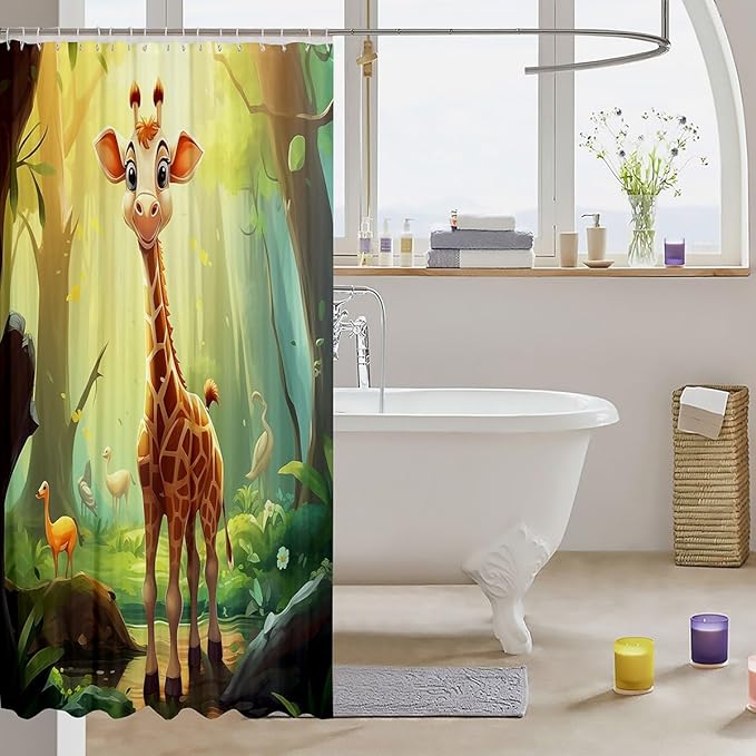 Feelyou Cute Giraffe Fabric Shower Curtain Cartoon Animal Shower Curtain for Teens Wildlife Bathroom Waterproof Accessories with 12 Hooks Wild Animal Curtains,72x84 Inches