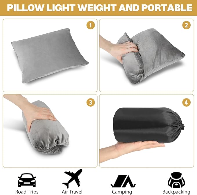 Outdoor Camping Pillow Lightweight,Compact Firm Supportive Compressible Pillow, Travel Pillow Cases, Removable Pillow Cover,Sleeping, Camping,Memory Foam Washable Pillow - Medium
