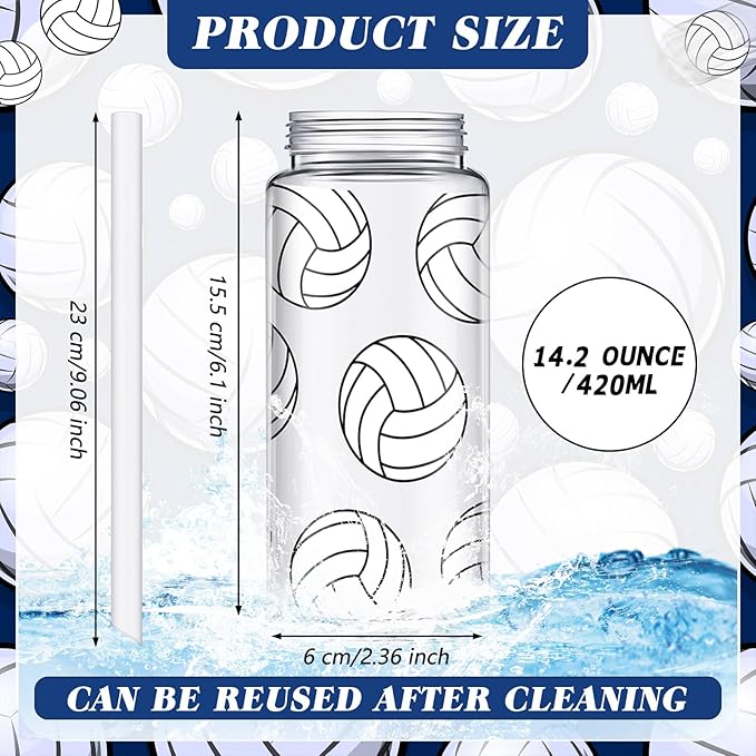 20 Pack Volleyball Cups with Lid and Straw 14.2 oz Reusable Tumbler Clear Plastic Drinking Cups with 20 Pack Drawstring Bag for Birthday School Sport Decorations Party Supplies
