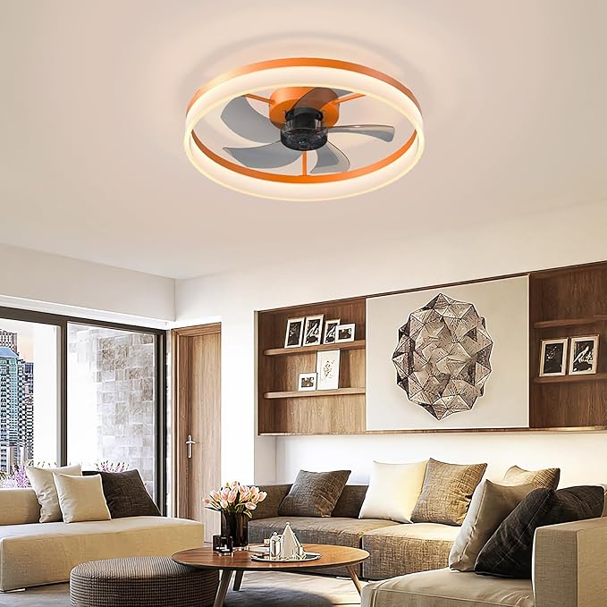 Ceiling Fan with Remote Control Memory Functions 21dB Low Noise 6 Adjustable Speeds Dimmable Led Ceiling Fan for Hallways Balconies Patios Orange Color