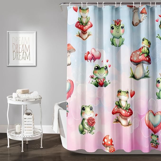 AILONEN Cartoon Frog Shower Curtain,Green Frog with Red Mushroom Roses Bathroom Curtain for Kids Boys Girls,Kawaii Amphibian Animal Waterproof Fabric Shower Curtains for Bathroom,36" W*72" H