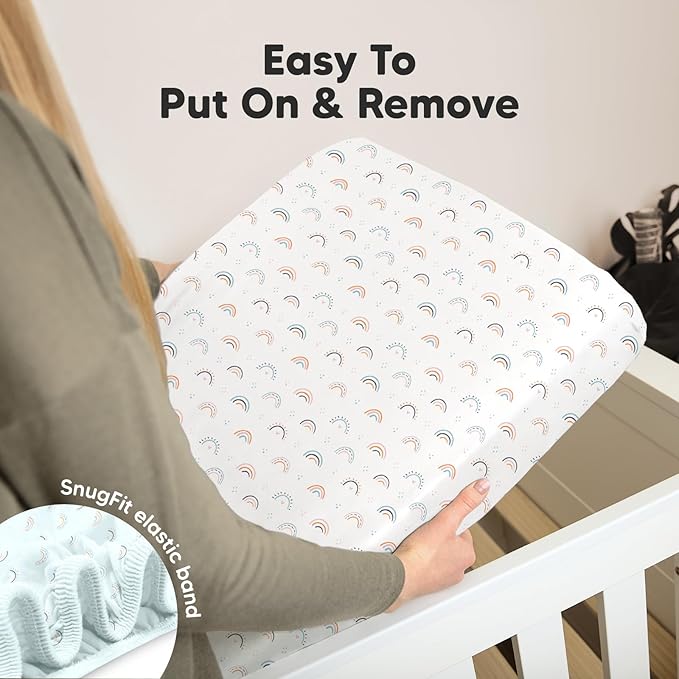 2-Pack Mini Crib Sheets Fitted, Pack and Play Sheets - Organic Cotton Pack N Play Sheets for Pack and Play Mattress, Playard Baby Crib Sheets, Jersey Crib Sheets Neutral for Boys (Jolly Rainbow)