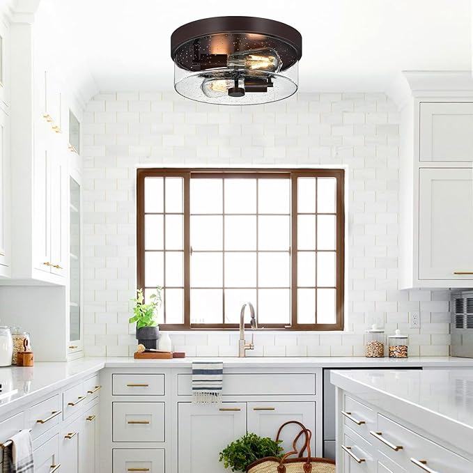 Flush Mount Ceiling Light Fixtures, 2-Light 12 Inch Brown Close to Ceiling Light Fixtures with Seeded Glass Shade Light Fixtures Ceiling Mount for Porch, Hallway, Bathroom, Dining Room and Foyer