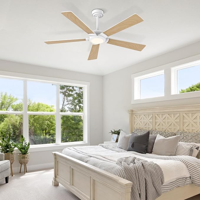 GESUM 52 In Ceiling Fan with Light, Outdoor Ceiling Fan with 5 Reversible Blades, 6 Speeds, Dimmable, 3CCT, Modern Smart Ceiling Fan with Remote/App Control for Patio Kitchen Bedroom (White)