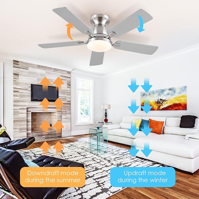Ceiling Fans with Lights and Remote/APP Control,46" Flush Mount Ceiling Fan Dimmable DC Motor，Low Profile Ceiling Fan for Bedroom,Living Room,Brushed Nickel