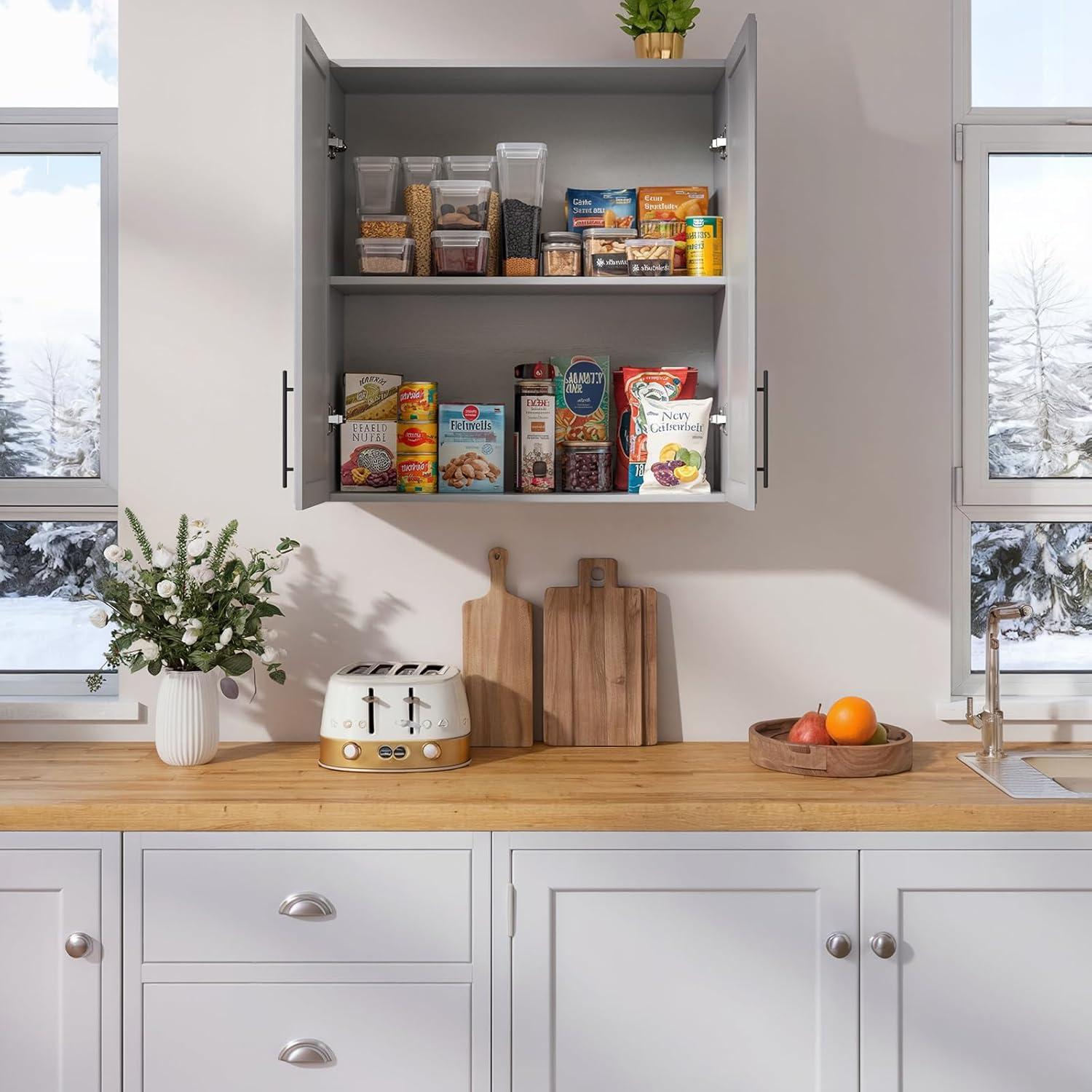 FIMELLO 30" Kitchen Wall Storage Cabinet with Adjustable Shelf, Laundry Cabinet with Doors, Bathroom Storage Cabinet Wall Mount, Storage Cabinet for Bathroom, Kitchen, Laundry Room Cabinet, Grey