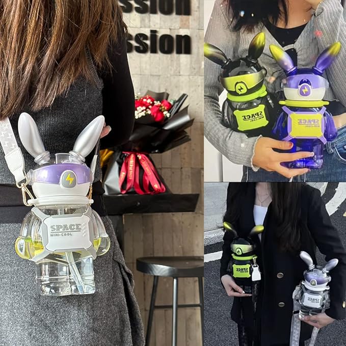 37 Oz Rabbit Water Bottle With Straw, Cool Lightning Space Rabbits Cup, Portable Outdoor Water Bottle, Suitable For Adults And Children Fitness Sports (Purple)