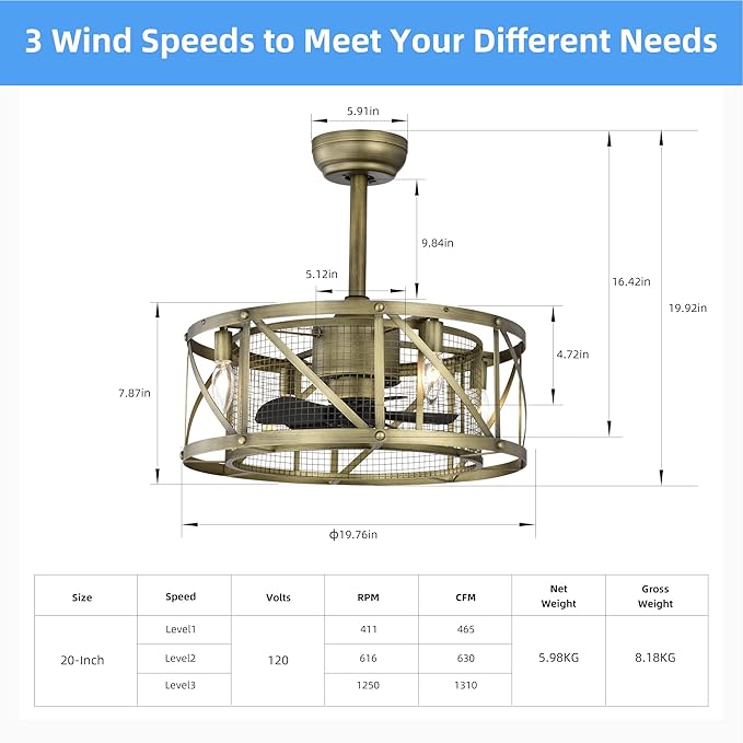 NicBex Ceiling Fan 20 Inch Modern Ceiling Fan with Lights Ceiling Fans with 5 Blades and Remote Control Reversible Small Caged Ceiling Fan for Bedroom, Living Room, Golden