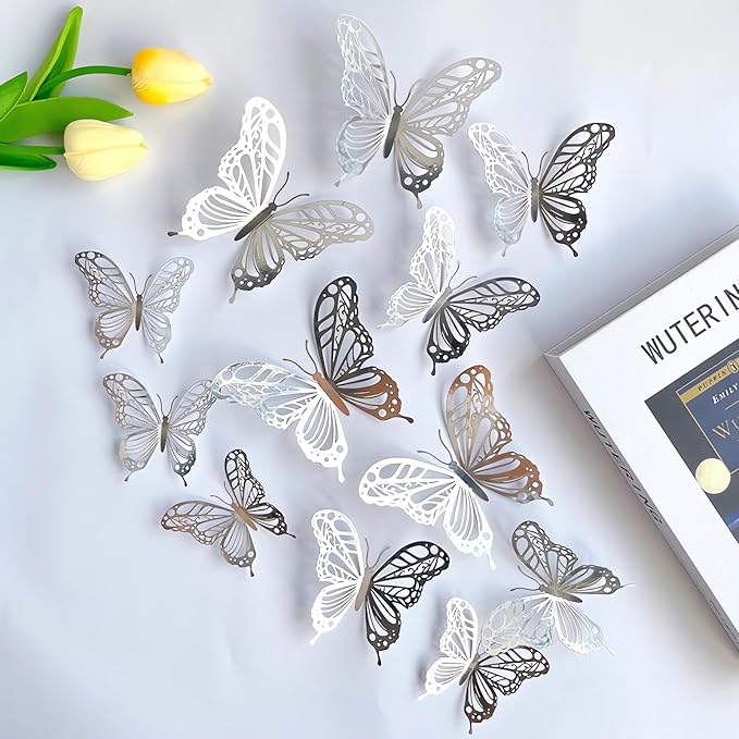 3D Butterfly Wall Decor 3 Sizes 4 Styles, Kurilai 48Pcs Butterfly Decorations Party Birthday Cake Decoration, Removable Wall Stickers for Kids Nursery Wedding Bedroom Room Decor (Silver)