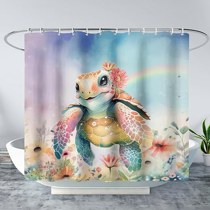 AILONEN Kawaii Sea Turtle Shower Curtain,Tie Die Ocean Animal Themed Bath Curtain Cloth Fabric Bathroom 72" W*96" H Inch,12 Pack Hooks for Kids Child Cute Watercolor Sea Animal Bathroom Curtain