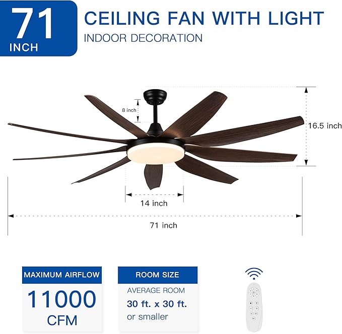 NicBex Ceiling Fan 71 Inch Indoor Modern Ceiling Fans with Integrated LED Light and Remote Control Double Finish Ceiling Fan with 9 Wood Blades for Living Room, Bedroom, Antique Brown