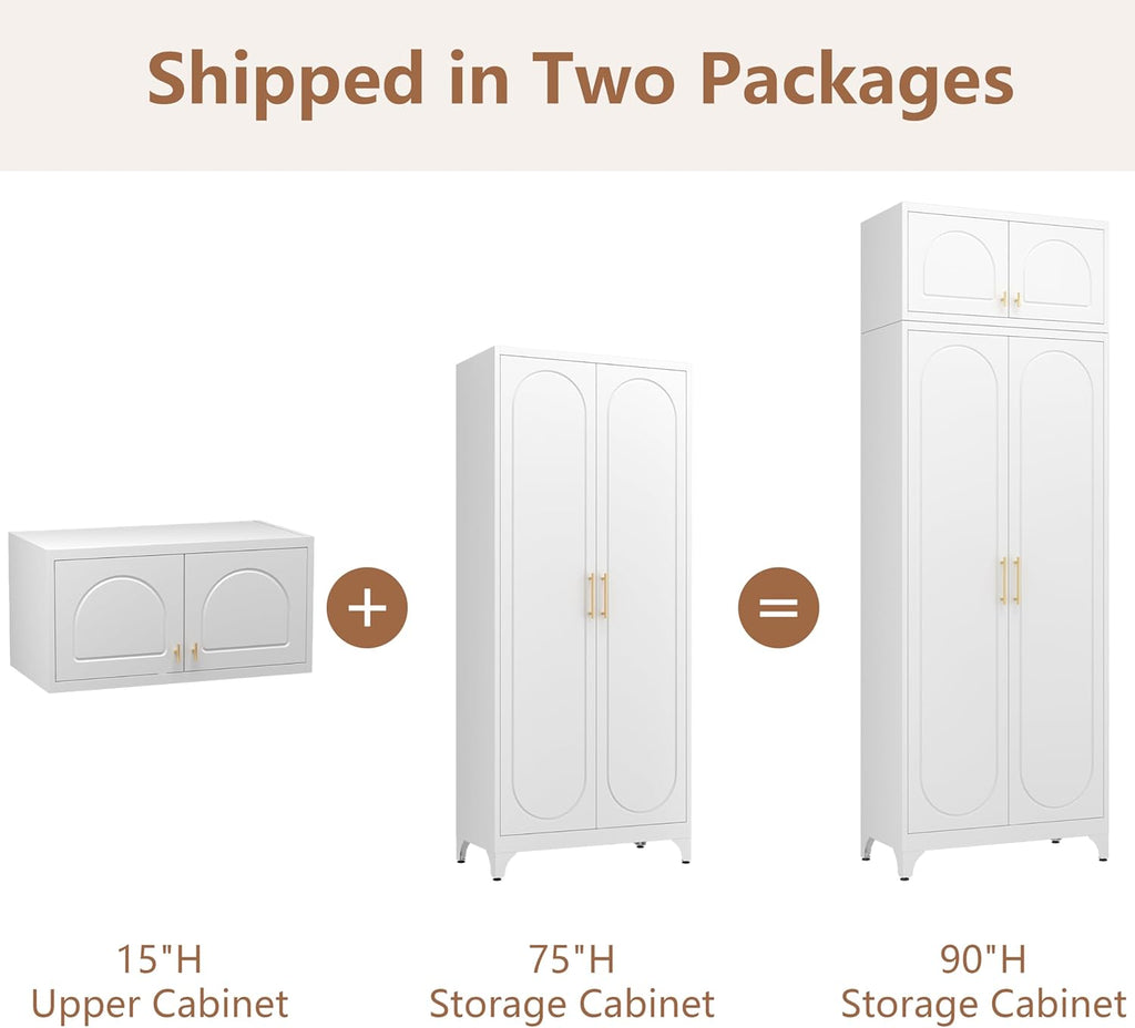 Kitchen Pantry Cabinet, 90" Tall Metal Pantry Cabinet, Food Cupboards with Doors and Shelves, Freestanding Storage Cabinets for Dining, Living Room, 16"D x 32"W x 90"H, White, Assembly Required