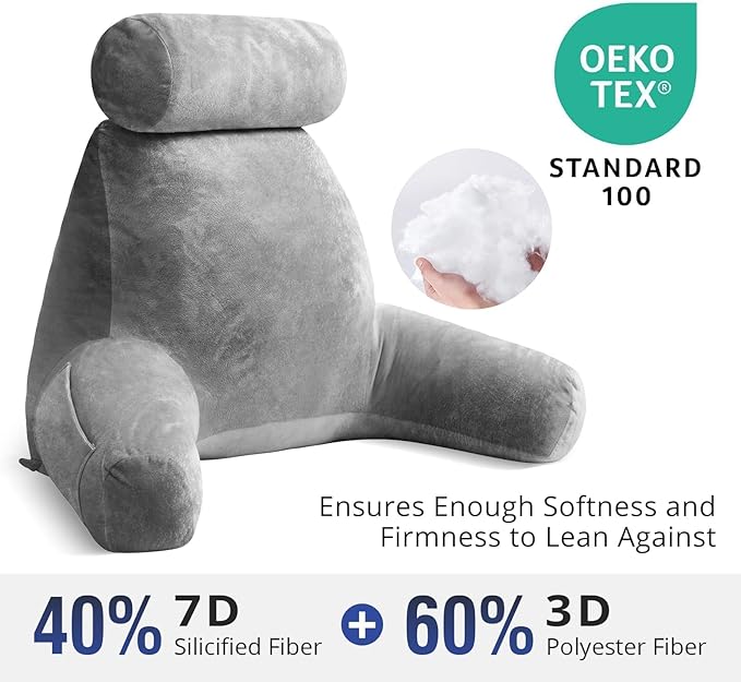 Sasttie Reading Pillow for Sitting in Bed Adult, Extra Large Back Pillow for Bed, Backrest Pillow with Detachable Head Support Cushion, College Dorm Essentials for Girls and Boys, Dark Grey