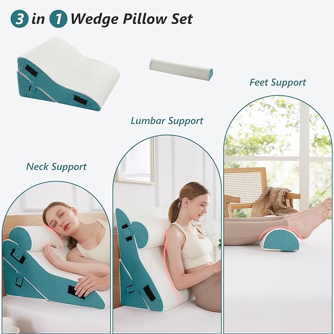 3 PCS Upgraded Bed Wedge Pillow for Sleeping - 35D Post Surgery Pillow for Back Leg Pain Relief - 16.5" Wide Wedge Pillows for After Surgery for Acid Reflux & GERD & Snoring(White Blue)