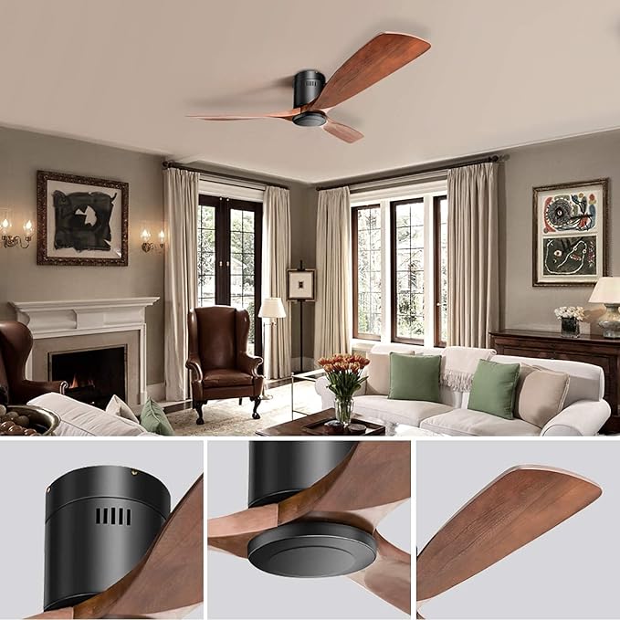 Sofucor 52" Flush Mount Ceiling Fan no Light and Remote Control, Indoor Outdoor Ceiling Fans Without Light, Quiet Energy Saving with 6 Speeds, Timer, Brown