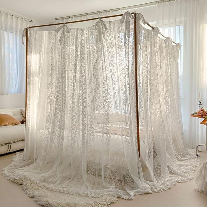 Elegant Princess 4 Corner Post Mosquito Net Romantic for Girls Women Bed Curtain Canopy for Adult Wedding Bedroom Kids Rooms Decoration (Type2-White-Flower, Full)