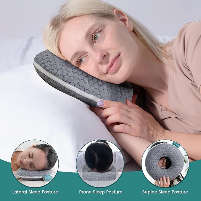 Ear Pillow with Ear Piercing for Side Sleeping, Ear Hole Memory Foam Pillows for CNH and Ear Pain Ear Inflammation Pressure Sores, Travel, Gray