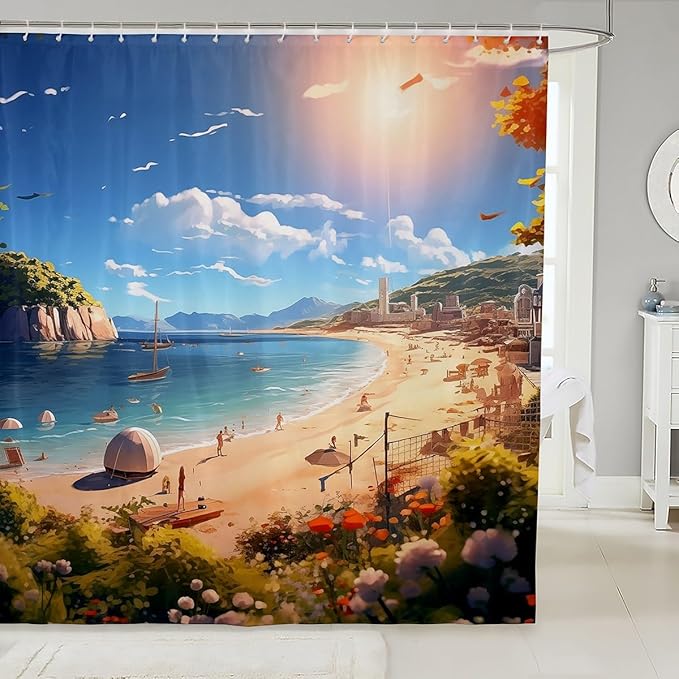 Feelyou Beach Shower Curtain Kids Beach Ocean Fabric Shower Curtain Nutrue Theme Bathroom Waterproof Accessories with 12 Hooks for Women Men Summer Holiday Curtains,72x84 Inches