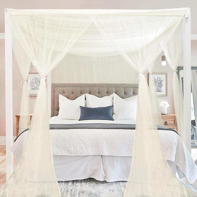 tupi Beige Canopy Bed Curtains for King/Queen Size Bed, 4 Corner Adult Bed Canopy, Ultra Elegant Bed Curtain Drapes Bedroom Decor, Stylish Polyester Netting Canopy, Easy Installation