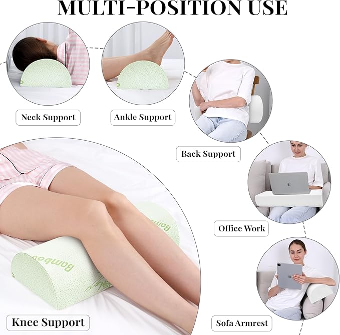 Knee Pillow for Side Sleepers Memory Foam Leg Pillows for Sleeping Yoga Bed Half Moon Bolster Pillow for Neck Pain Relief with Pillowcase 20.5x8x4.5 Inches(Air Layer Green, Standard Size)