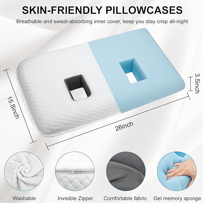 Ear Piercing Pillow with 2 Holes for Ear Pain CNH Side Sleepers, Adjustable Memory Foam Ear Pillow for Ear Discomfor, Earrings, Noise-Canceling Earplugs, Headphones, Enjoy Sound Sleep