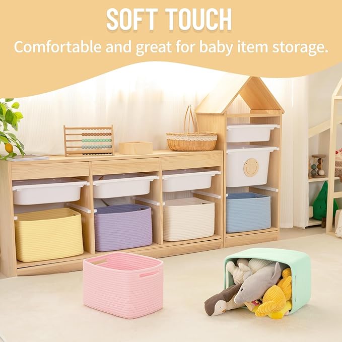 4 Pack Storage Baskets for Organizing Toys, Towels, and Clothes, Woven Basket for Shelves, Sturdy Nursery Cube Bins for Storage, 13''L x9''W x7.8''H, Pink