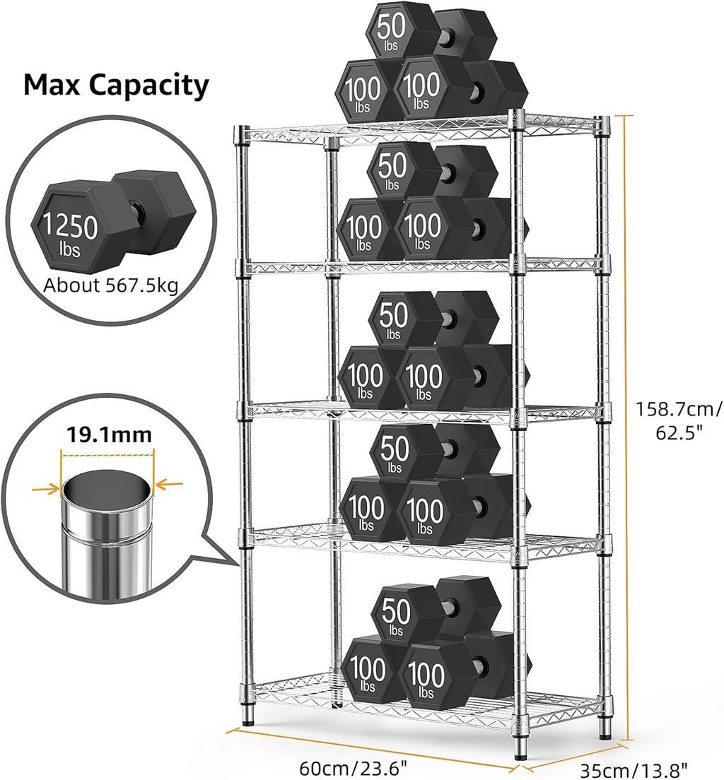 1250 lbs Steel Heavy Duty 5-Tier Utility Shelving Unit Steel Organizer Wire Rack for Home,Kitchen,Office,Chrome (13.7" D x 23.6" W x 62.4" H)