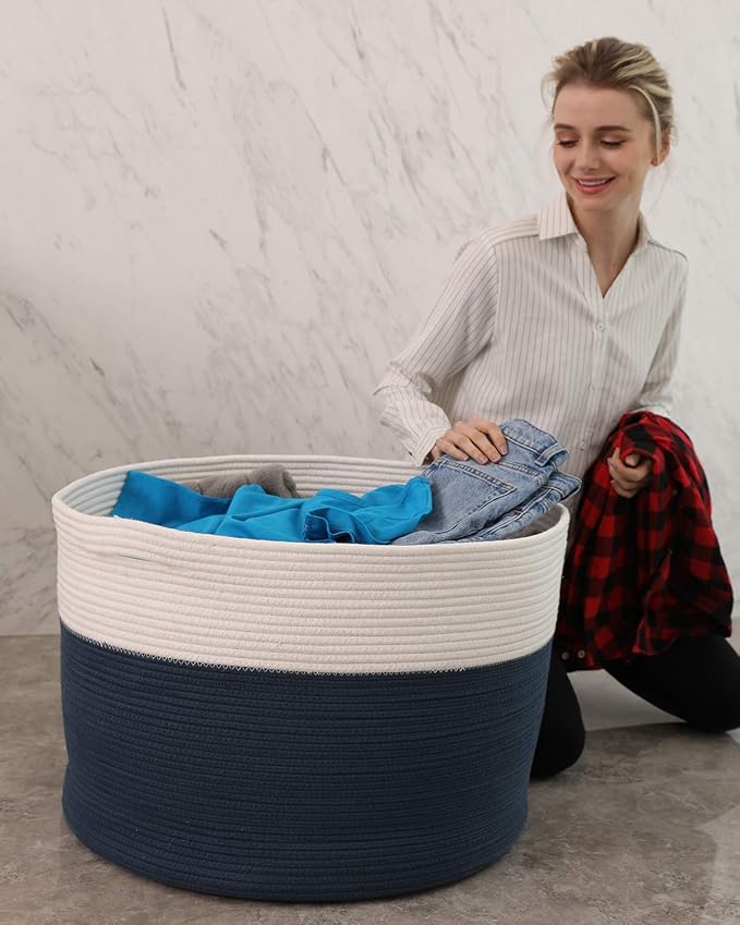 22" x 22" x 16" Mega Size Extra Large Storage Basket, Cotton Rope Storage Baskets, Woven Laundry Hamper, Cloth Storage Bin, for Clothes Towel Blanket Basket in Living Room, Dark Blue