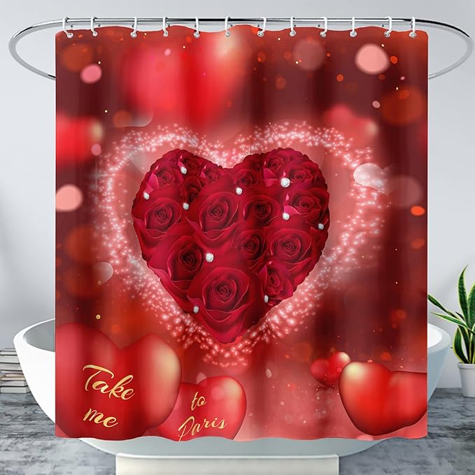 AILONEN Red Rose Hearts Printed Shower Curtain,Romantic Rose Lover Couple Bath Curtain,Fantasy Love Hearts Red Curtain for Bathroom Decor 36" W x 72" H,Waterproof