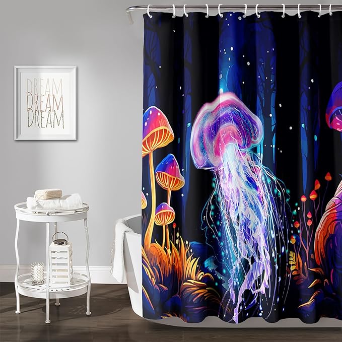 AILONEN Beautiful Jellyfish Shower Curtain,Magic Mushroom Waterproof Fabric Bath Curtain for Kids Girls,Boho Style Mysterious Planet Shower Curtain Set for Bathroom, 72" W*72" H