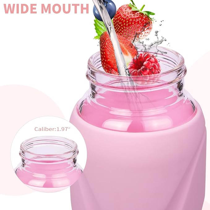 32 oz Sports Glass Water Bottle with Straw & Silicone Sleeve Reusable BPA-free Borosilicate Glass Drinking Bottle with Flip Top Lid & Handle Wide Mouth (Pastel Pink)