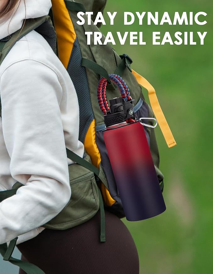 32/40/64oz Insulated Water Bottle with Straw - Spout Lids, Paracord Handle, Shoulder Carrier Bag, 32 oz Stainless Steel Water Bottle Thermal Flask for Sport Travel Work, Hydro Mug Cold for 48Hrs
