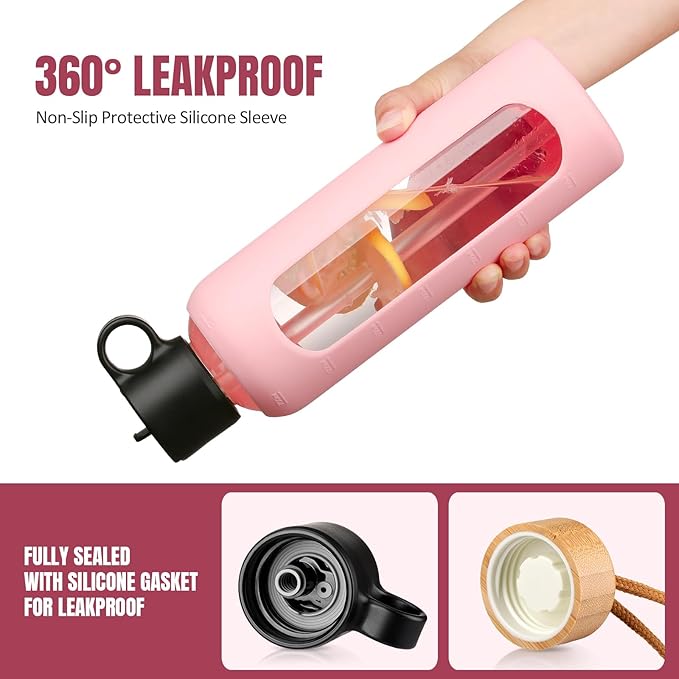 24oz Glass Water Bottle With 2 Lids-Flip Straw Lid, Bamboo Lid, Glass Water Bottle With Silicone Sleeve, Motivational Time Marker, Glass Juice Bottle for Cold Drink,Pink