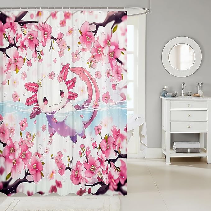 Feelyou Boys Girls Cute Axolotl Bathroom Shower Curtain Set Cartoon Salamander Bath Curtain Ocean Sealife Shower Curtain Kids Kawaii Teens Bathroom Accessories Room Decor 72"x78"