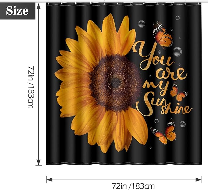Aimego Sunflower Shower Curtain Butterfly Floral You are My Sunshine on Black Background Farmhouse Shower Curtain Set with 12 Hooks for Bathroom Decor Accessories Bathtub Curtain, 72"x72"