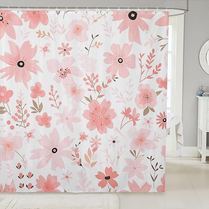 Feelyou Pink Flower Fabric Shower Curtain Floral Flower Shower Curtain for Boys Girls Flower Botanical Bathroom Waterproof Accessories with 12 Hooks Nature Plants Curtains,72x72 Inches