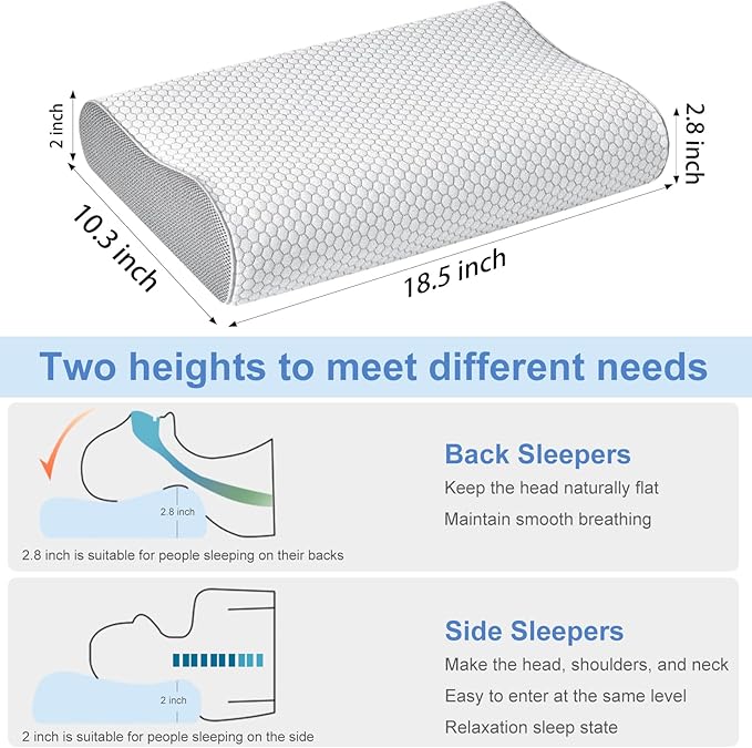 Cervical Memory Foam Pillows Neck Shoulder Pain Relief Ergonomic Orthopedic Sleeping Neck Contoured Support Pillows Side Back Stomach Sleeper Pillow for Bed