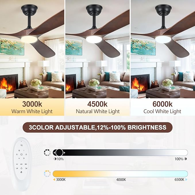 72" Ceiling Fans with Lights, 72 inch Ceiling Fan with Lights, High cfm Quiet 3 Blade Wood Walnut Ceiling Fan, Large Modern Ceiling Fan with Remote, Propeller Fans for Patios,Dark Walnut