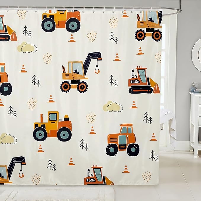 Feelyou Excavator Bathroom Shower Curtain Set Construction Vehicles Boys Girls Bath Curtain Cartoon Car Shower Curtain Equipment Trucks Kids Bathroom Accessories 72"x72"