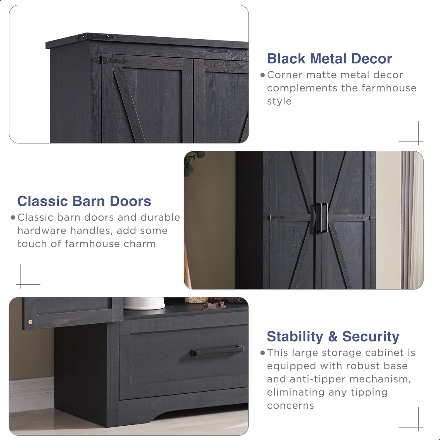 Farmhouse Kitchen Pantry Cabinet - 72" Tall Large Wood Kitchen Storage Cabinets with Adjustable Shelves & 2 Barn Doors & Drawer, Versatile Storage for Dining Room, Bathroom, Living Room, Antique Black