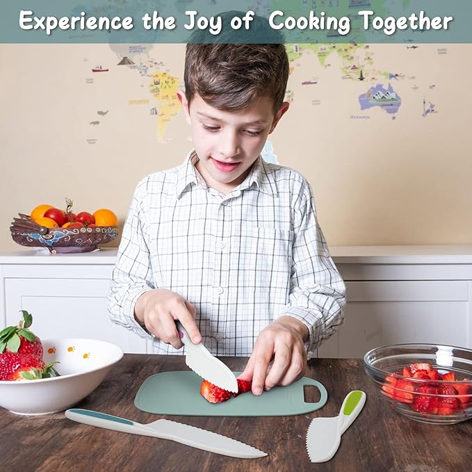 Kids Knife Set, Kids Knifes for Real Cooking, 3 Pieces Kids Knife with Cutting Board, BPA-Free Kids Kitchen Knife with Serrated Edges for Cutting Fruit, Vegetable, Salad, Bread,Sandwich