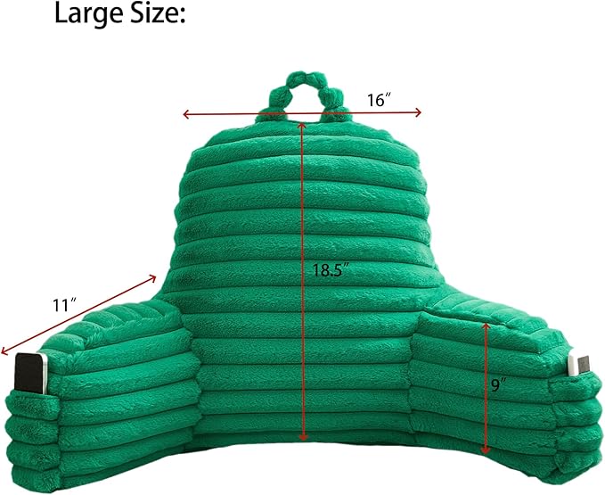 WERDIM Reading Pillow for Sitting in Bed, Faux Fur Back Pillow for Bed Rest, Bed Chair Pillow with Arms and Pockets(Large, Emerald)
