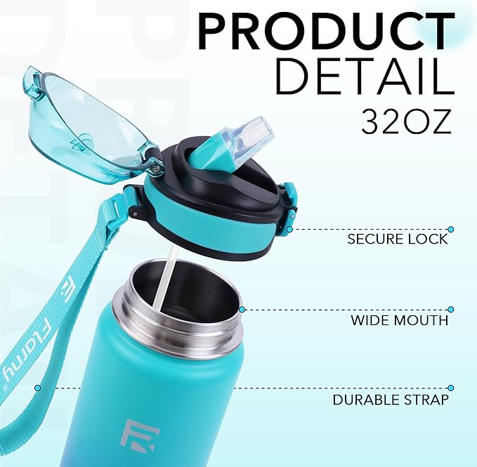 32 oz Insulated Water Bottle with Straw, Stainless Steel Metal Thermos Bottles, Durable Non-Slip Gradient Bottle with Strap for Sports and Travel, Leak Proof (Green Blue)