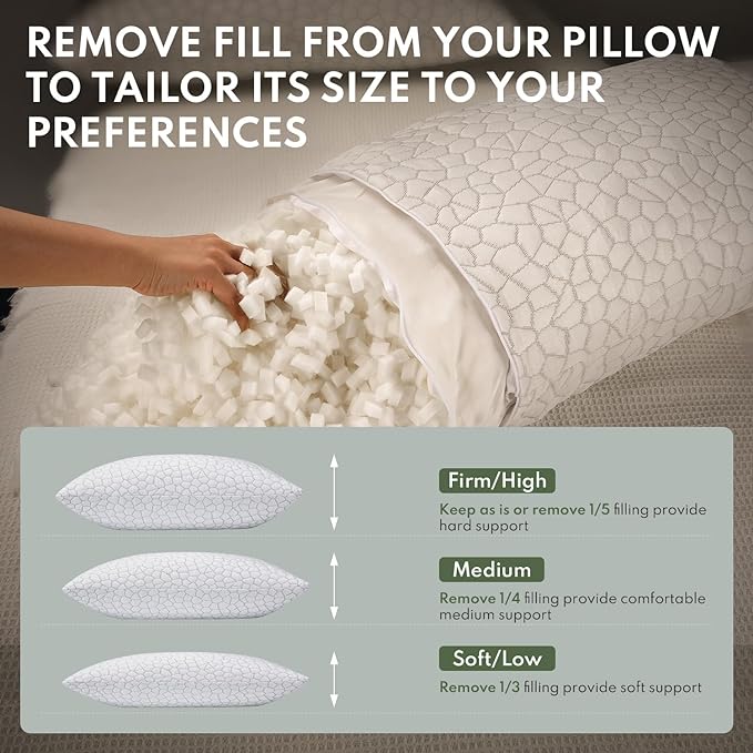 Cooling Pillows Queen Size Set of 2 - Shredded Memory Foam Pillow for Sleeping 2 Pack, Adjustable Cool Bed Pillows for Side, Back, and Stomach Sleepers, Gel Pillow Washable Removable Cover