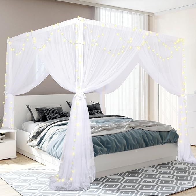 tupi Canopy Bed Curtains for King/Queen Size Bed, 4 Poster Bed Canopy, Elegant White Mosquito Net, 4 Corner Canopy Curtain with 4 Openings, Ultra Ripstop Polyester, Easy Installation