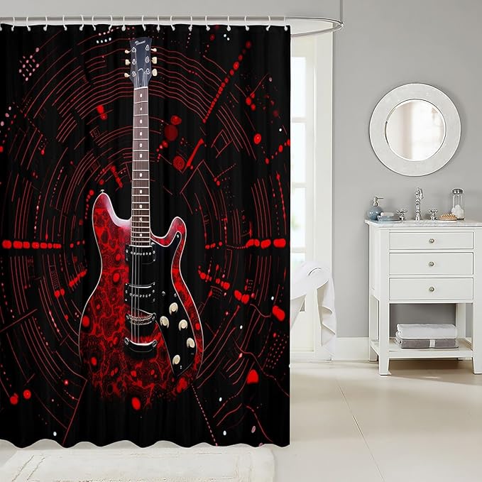 Feelyou Red Guitar Bathroom Waterproof Accessories with 12 Hooks Guitar Instruments Fabric Shower Curtain for Boys Girls Rock Music Shower Curtain Splash-Ink Curtains,72x78 Inches