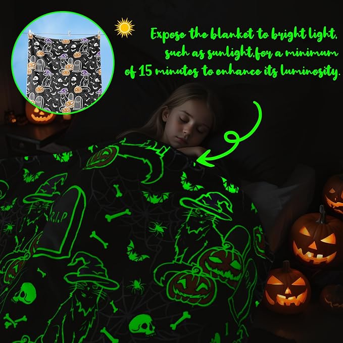 Halloween Throw Blankets Glow in The Dark Blanket Black Cat and Pumpkin Blanket for Women 50"x60"
