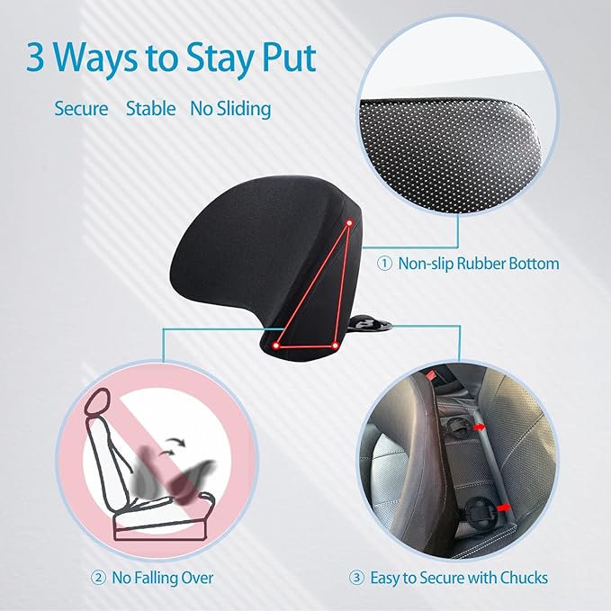 Lumbar Support Pillow for Car - Memory Foam for Lower Back Pain Relief by Reducing Pressure - Ergonomic Design for Office Chair, Car Driver, Recliner - Black