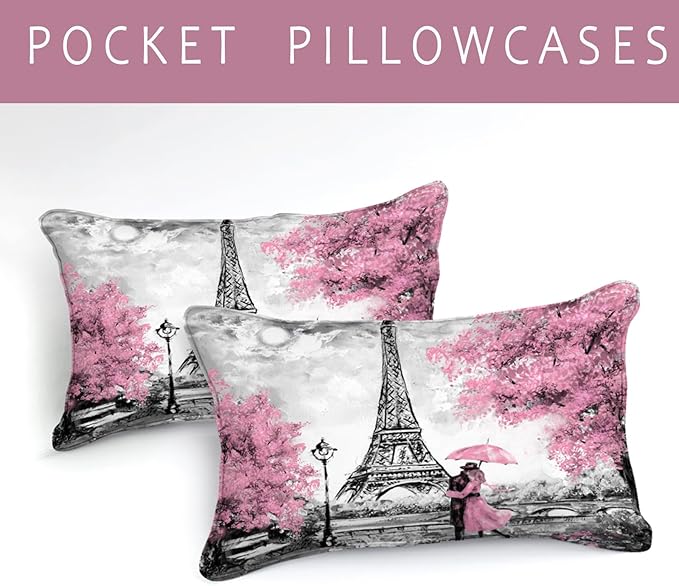Bedbay Eiffel Tower Comforter Set Queen Size Pink Paris Bedding Romantic Couple Lovers Printed Girls Women Comforter Set Pink and Grey Soft Lightweight French Style Duvet Set (Pink,Queen)