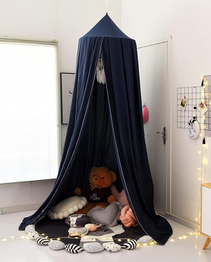 Mengersi Bed Canopy Play Tent for Kids, Round Dome Kids Mosquito Net Indoor Outdoor Castle Hanging House Decoration Reading Nook (Dark Blue)
